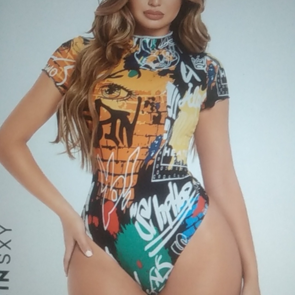 Letter graphic mock neck form fitting bodysuit